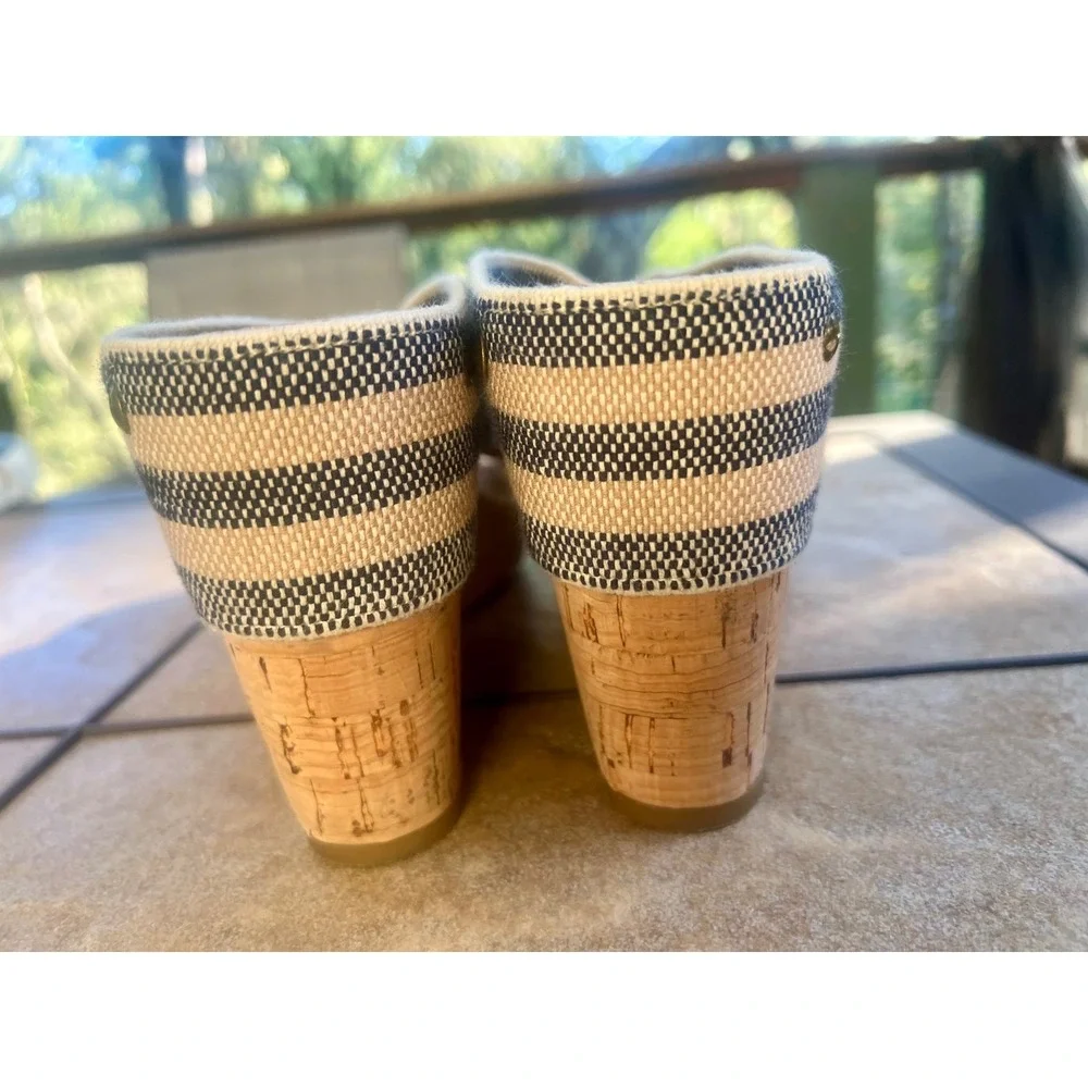 Lucky Brand Womens Striped Elastic Cork Wedge Sandals Navy Tan Studded Slides